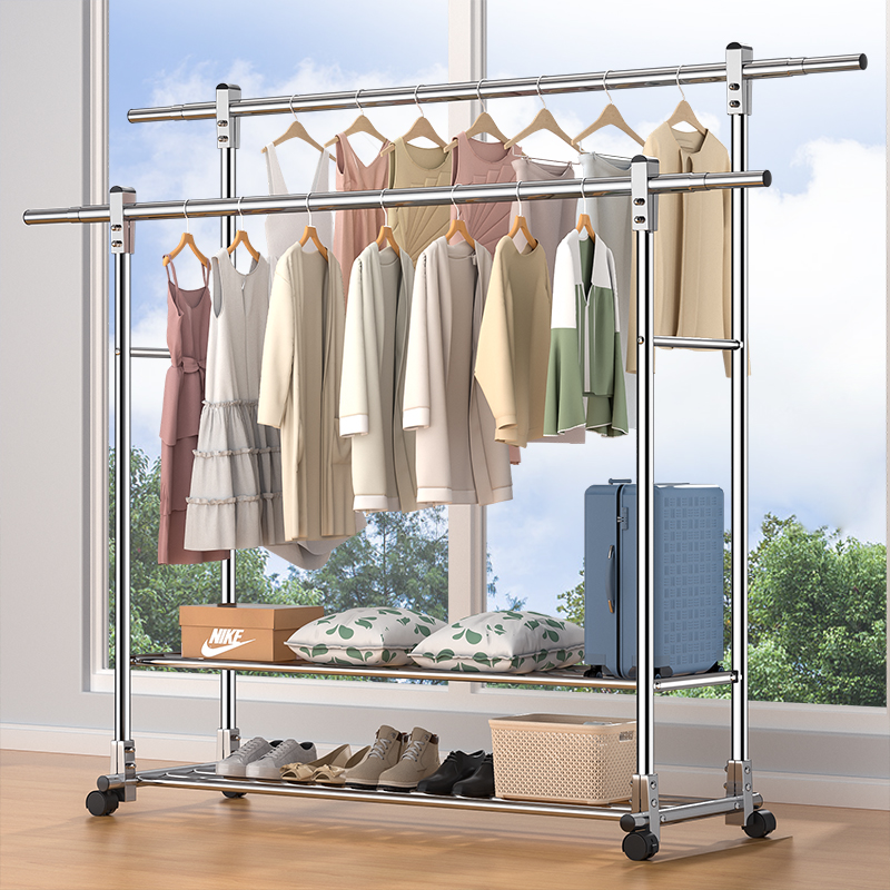Clothes rack floor-to-ceiling balcony indoor clothes rack stainless steel household simple bedroom dormitory telescopic cool quilt double pole