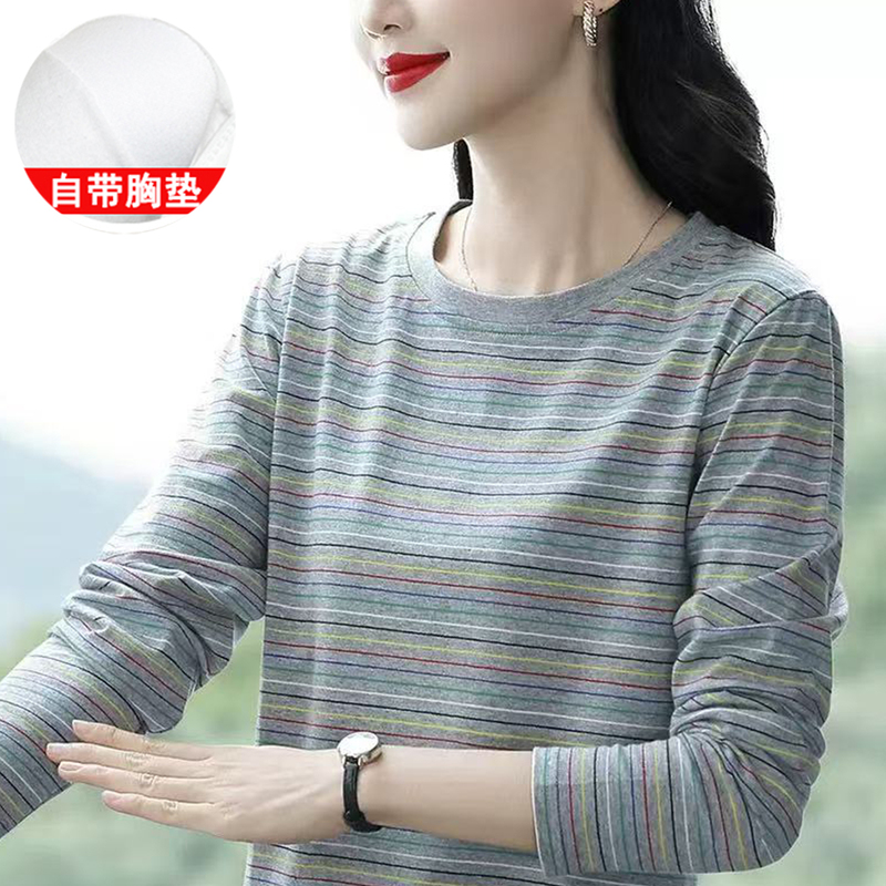 Pure Cotton Long-Sleeved Spring and Autumn Base Shirt with Built-In Chest Pads, Can Be Worn as Outerwear, Single Top, Large Size Striped Women's Top for Moms Pure Cotton Long-Sleeved Spring and Autumn Base Shirt with Built-In Chest Pads, Can Be Worn as Outerwear, Single Top, Large Size Striped Women's Top for Moms