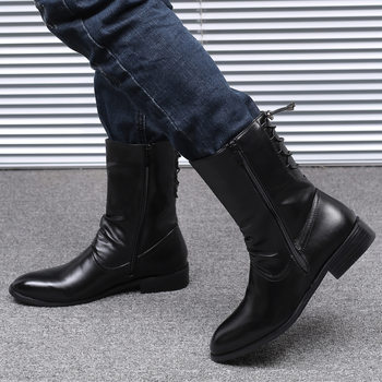 Spring and autumn pointed leather boots for men, british and korean style high-top leather shoes, mid-calf men's boots, fashionable and trendy warm martin boots