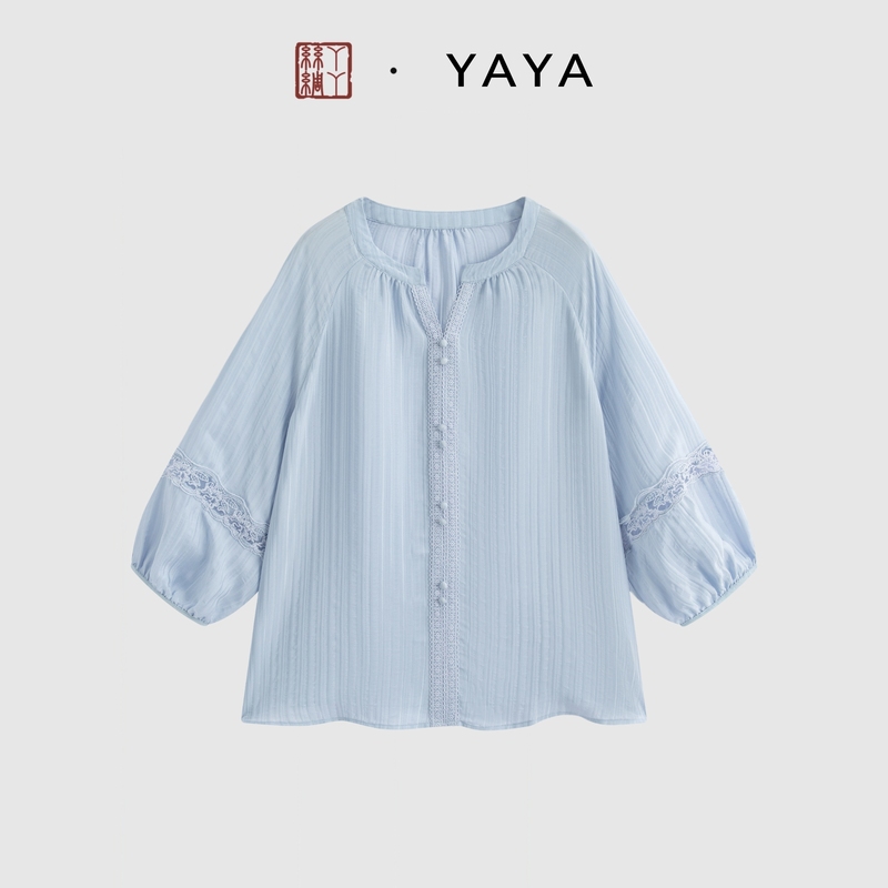Yaya【Qingchuan Milk Blue】2026 Summer V-Neck Lace Three-Quarter Sleeve Loose Slimming Versatile Women's Top