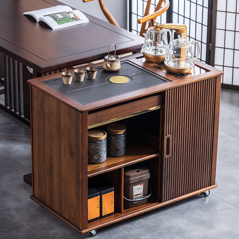 Walnut Tea Cabinet with Antique-Style Tea Table, Integrated Kettle, Kung Fu Tea Set, Office Mobile Tea Cart, Side Cabinet Walnut Tea Cabinet with Antique-Style Tea Table, Integrated Kettle, Kung Fu Tea Set, Office Mobile Tea Cart, Side Cabinet