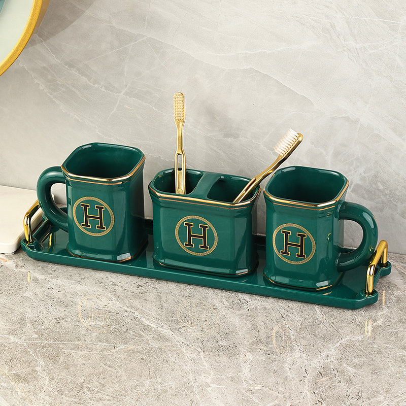 Light luxury ceramic couple toothbrush cup a pair of creative household mouthwash cup wash cup tooth cylinder tooth cup with tray set
