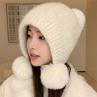 Women's Hat 2025 New Winter Knitted Hat with Fleece Lining for Warmth and Cold Protection, Large Head Circumference, Thickened Pom-Pom Ear Protection Knit Hat