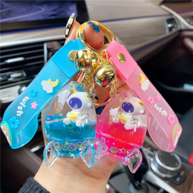 Astronaut Rocket Floating Bottle Keychain with Oil Filling, Delicate Liquid Sand Pendant, Couple Bag Charm