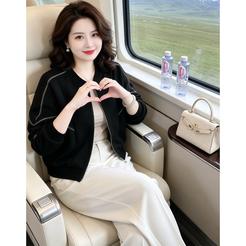 Decorative Stitching Baseball Collar Short Jacket 2026 Zip-Up Cardigan Simple Versatile Commuter Style Elegant Women's Top