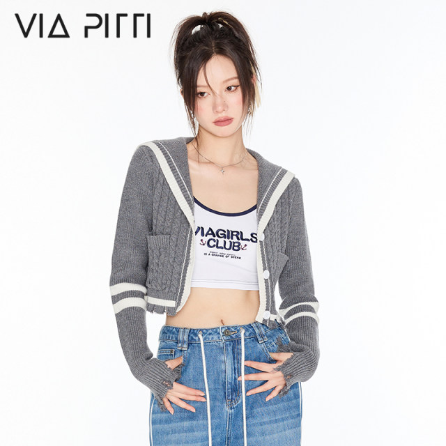 VIAPITTI autumn new color-blocking embroidered cardigan sweater design sense short coat top ruffian same style