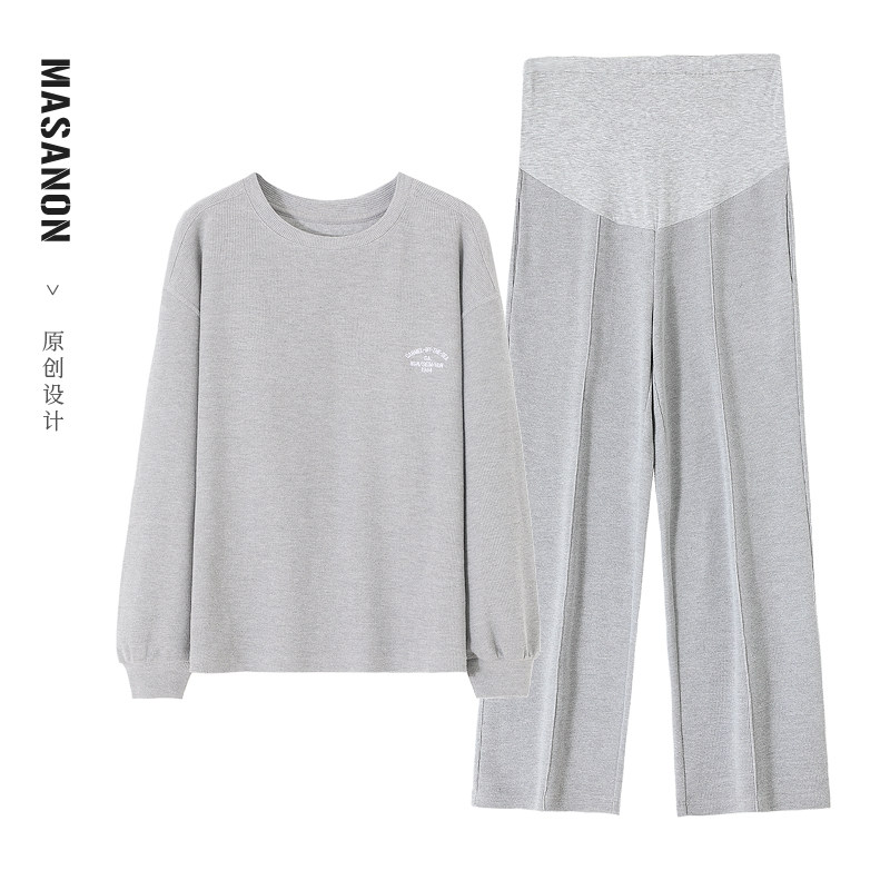 MASANON pregnant women's suit wears a stylish long sleeve collar-open sweater in autumn wear loose leisure home suit