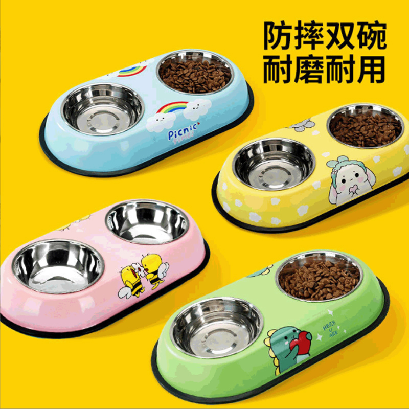 New cartoon pet stainless steel dog bowl double bowl dog cat food bowl cat bowl Teddy drinking water pet supplies