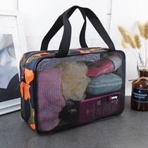 Mesh wash bag female portable 2021 new large capacity cosmetics storage mesh embroidery handbag advanced feeling