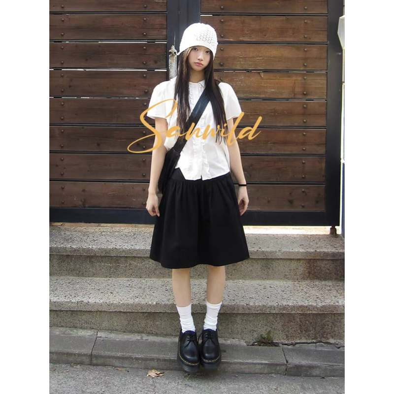 Sanwild Summer Sweet Japanese Anime Girl Ruffled Lace Collar Slim Fit Versatile Short-Sleeve Shirt Top