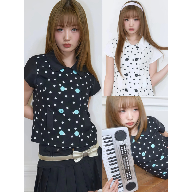 Sanwild Korean Retro Polka Dot Doll Collar Short-Sleeved Shirt for Women, Summer Black Design Short Top