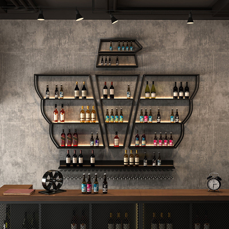 Bar Industrial Wind Wall-mounted Red Wine Shelf Iron Art Stainless Steel Wine Cabinet Commercial Wall Display Cabinet Bar Counter