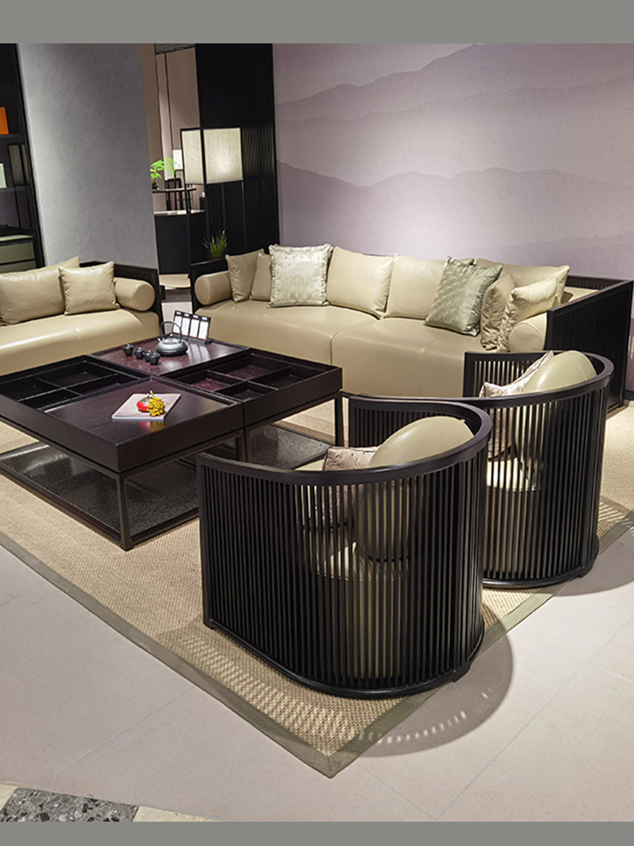 Solid wood genuine leather Ukim wood sofa New Chinese light lavish living-room size family villas Qu Beauty Everything Home Customized