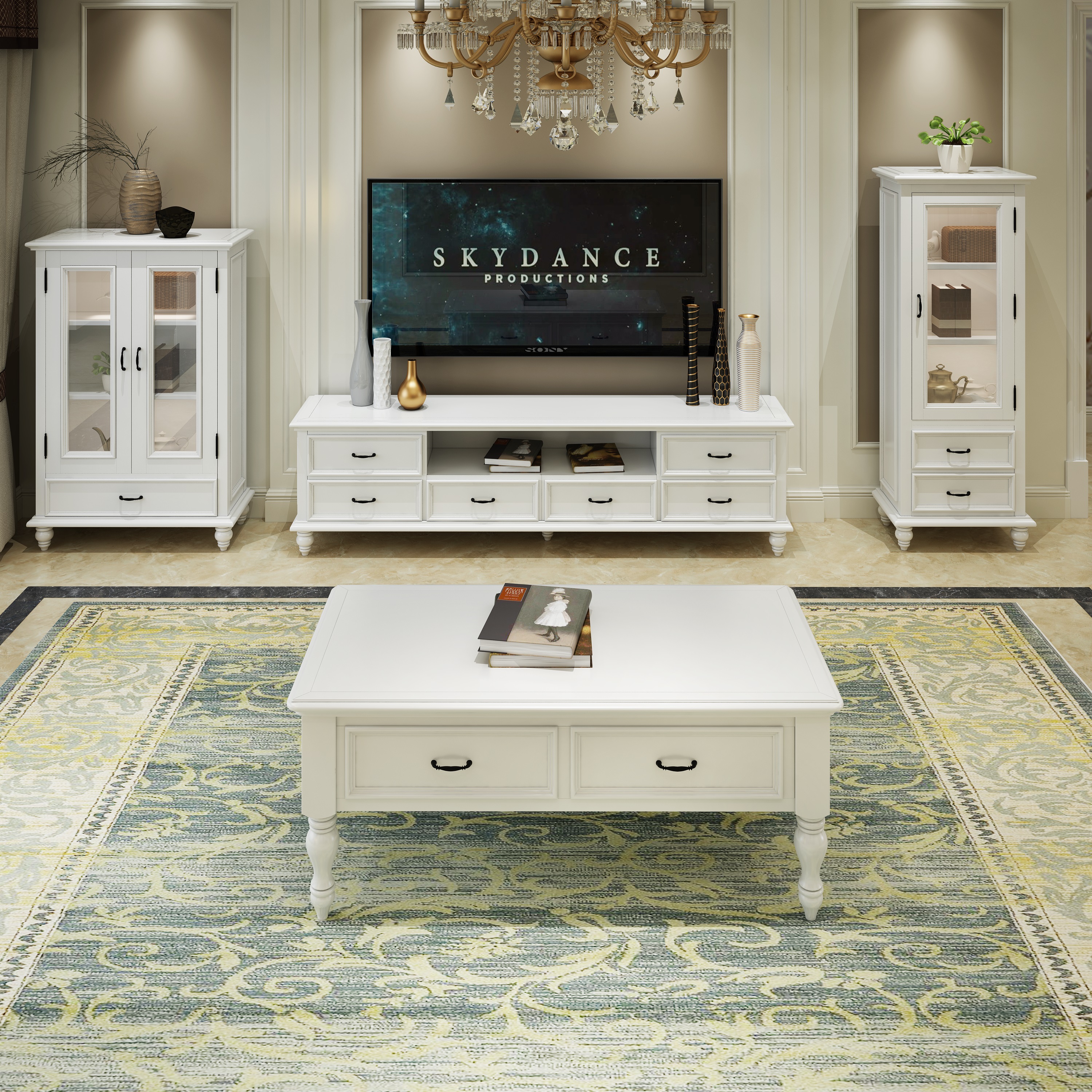American country solid wood TV cabinet coffee table combination European simple white floor cabinet modern 2 4 m 2 m living room