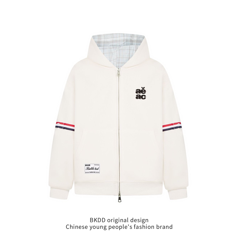 Bkdd American-Style Red, White, and Blue Striped Plaid Hooded Sweatshirt Jacket for Men and Women, Versatile Color-Blocked Zip-Up Cardigan Top