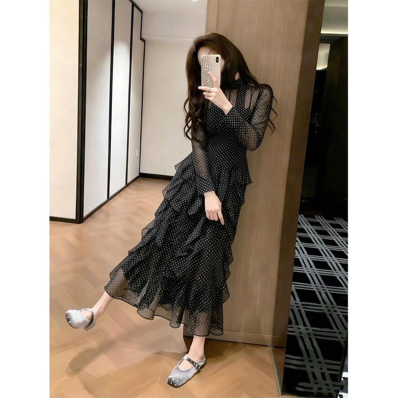 French-Style Black Ruffled Polka Dot Dress for Women, 2026 Summer New Long-Sleeved Layered Long Dress, Slimming and Elegant Dress French-Style Black Ruffled Polka Dot Dress for Women, 2026 Summer New Long-Sleeved Layered Long Dress, Slimming and Elegant Dress