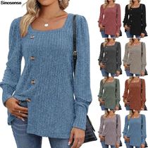 Womens Autumn Winter Ribbed Knit Sweaters Buttons Side