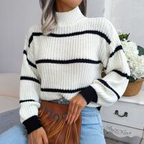 Women Casual Striped Turtleneck Long Seleeve Knitted