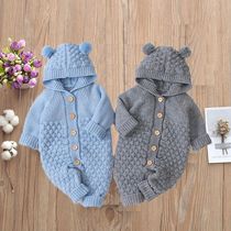 Autumn and winter baby hooded one-piece solid color knitted