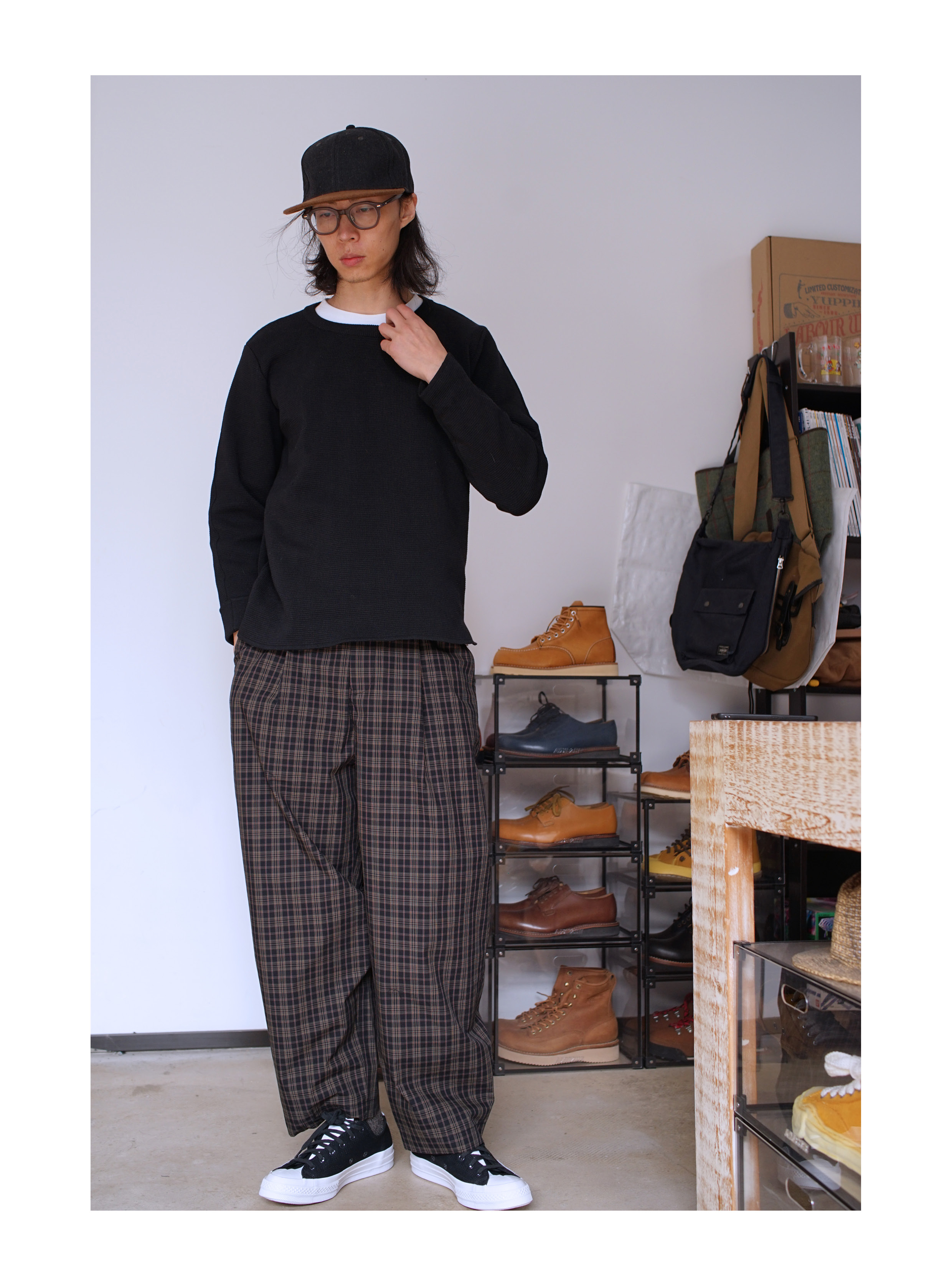 ルーズフィット チェック ロング パンツ グレンチェック ロングパンツ(140-160cm)（98-52PC18-203