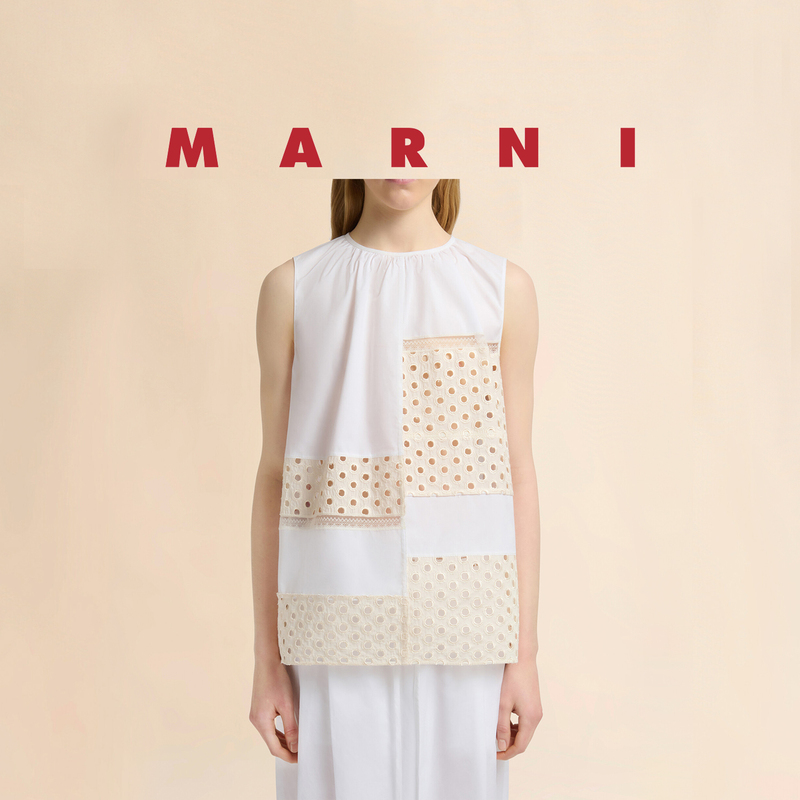 [Authorized Authentic Product] Marni Women's White Poplin Hollow-Out Embroidery Patchwork Lightweight Sleeveless Top