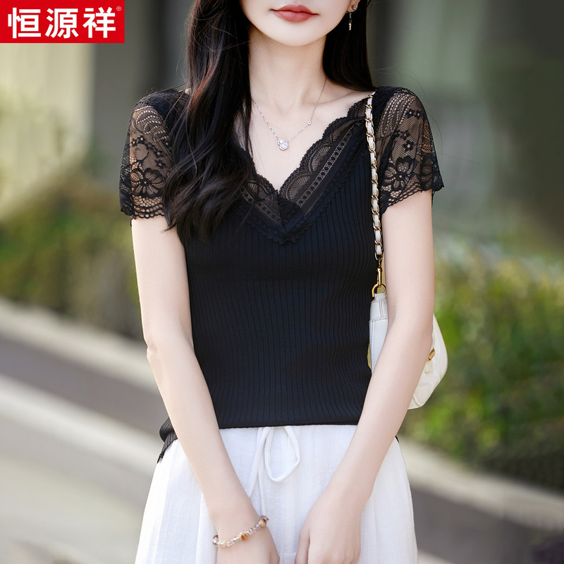 Hengyuanxiang Women's New Summer V-Neck Lace Hollow-Out Short-Sleeve T-Shirt, Black Ribbed Base Shirt Top