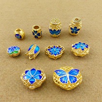 Pure copper gold-plated burnt blue cloisonne lotus beads DIY handmade string bracelet accessories single barrel bead tee ear hat