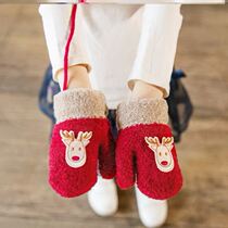 Baby warm gloves winter new childrens christmas cute thickened hanging neck even finger glove boy plush money