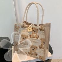Debris Small Carry Bag Cute Cartoon Small Bear Linen Hand Lunchbox Woman Out To Work For School Lunch Box Handbag