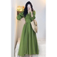 Retro French lantern sleeve green dress women's spring and summer 2023 new high waist slim a-line long skirt