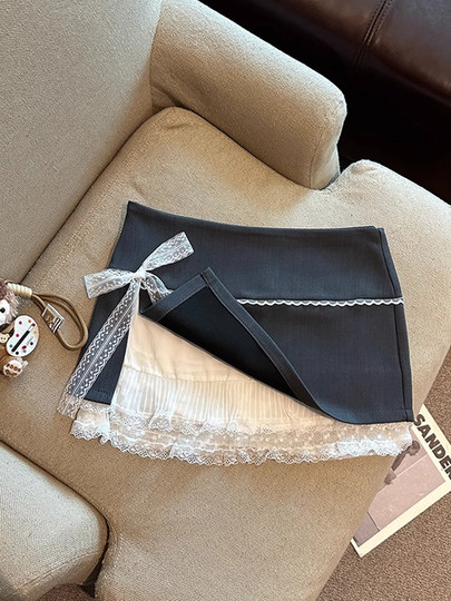 Bow lace suit skirt for women in summer small high-waisted A-line skirt anti-exposure hip skirt