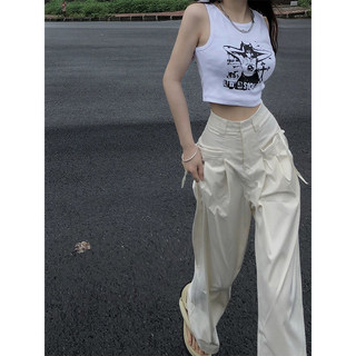 White Wide-Leg Pants, Summer Thin Style, High-Waisted, Drapey, Petite, Straight-Leg, Loose, Casual, Floor-Length, Designer Pants