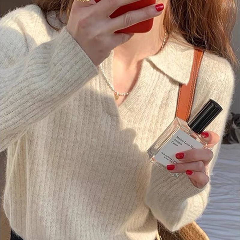 女性用ポロカラーセーター秋冬小さいサイズ高級ソフトワックスセーターインナーウェアシックなラペルボトムシャツトップ