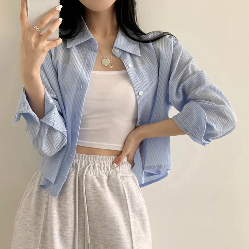 French-Style Blue Striped Shirt for Women, Summer Thin Cardigan for Petite Women, Sun Protection Shirt, Short Jacket