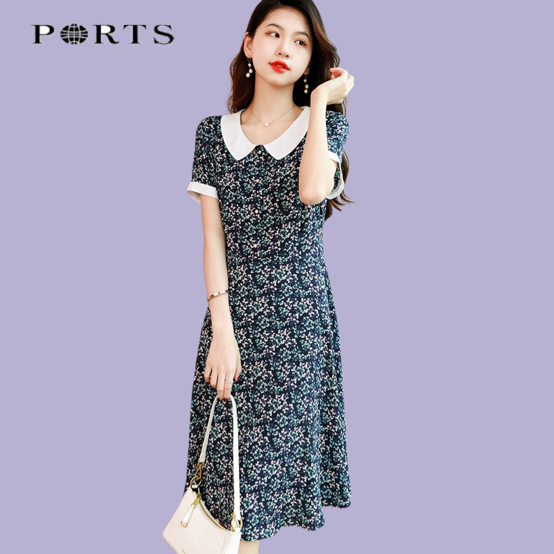 Baozi 2022 summer new women's floral self-cultivation pullover waist A-word mid-length dress a
