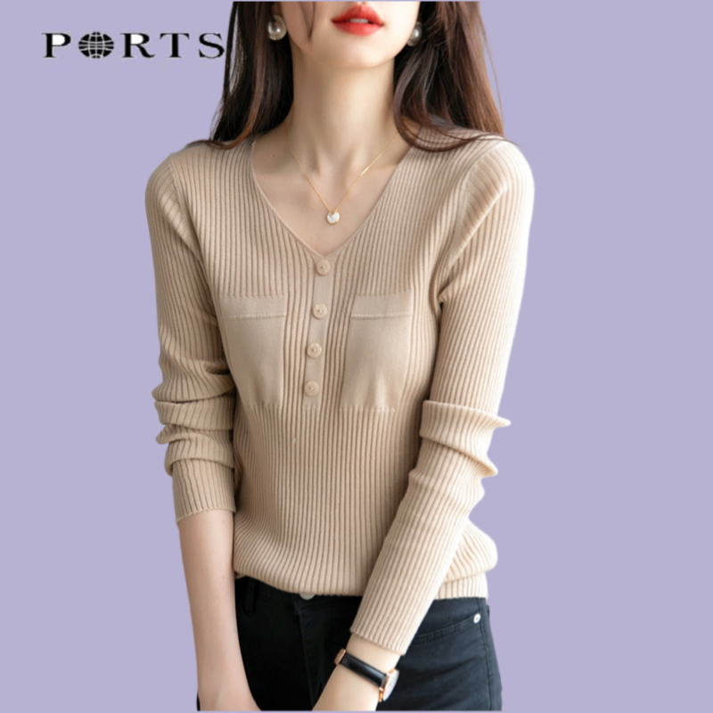 Precious thin and thin inner lap knit blouse 2022 spring autumn new V neckline undershirt female sweaters a
