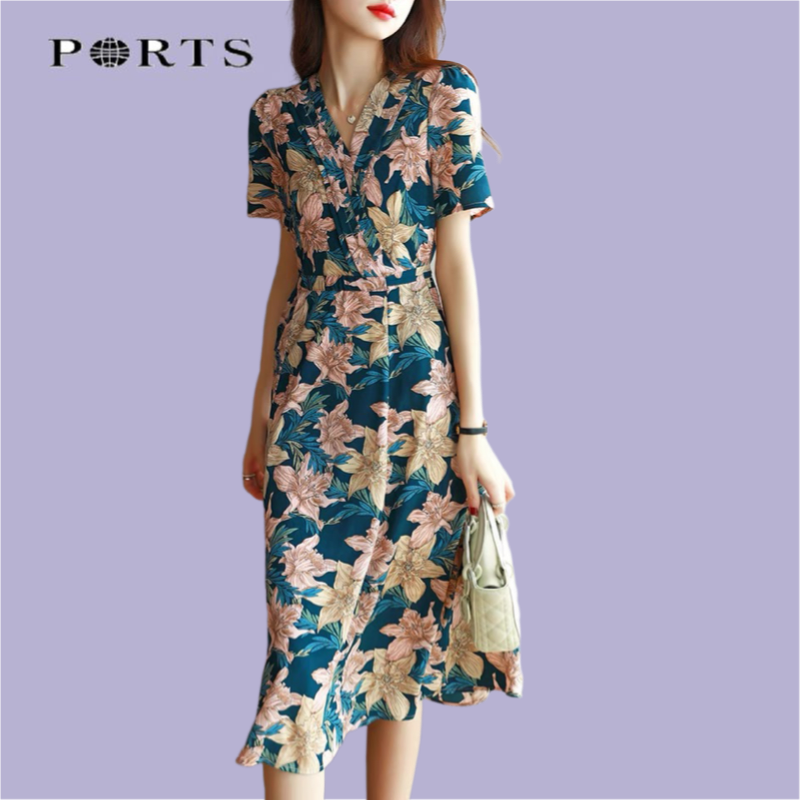Baozi 2022 Summer new foreign dress women's fashion printed headsets a character V collar high waist snow-spinning medium long dresses