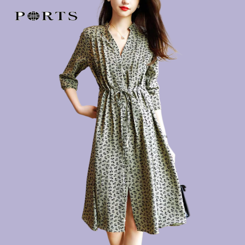 Baozi 2022 summer new fashion temperament waist tie V-neck mid-length version a-word floral dress for women