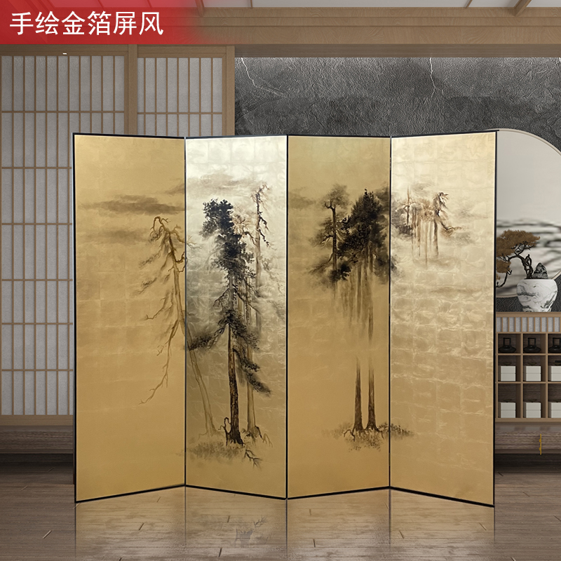 定制手绘金箔漆画屏风折叠玄关隔断背景墙客厅茶室移动折叠屏风