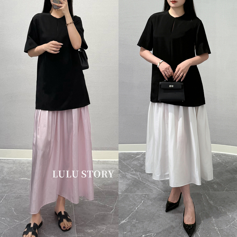 Yidian Yuesui Niche High-End Summer Short-Sleeve Slimming Oxygen Splicing Color-Blocking Faux Two-Piece Silk Satin Dress Yidian Yuesui Niche High-End Summer Short-Sleeve Slimming Oxygen Splicing Color-Blocking Faux Two-Piece Silk Satin Dress