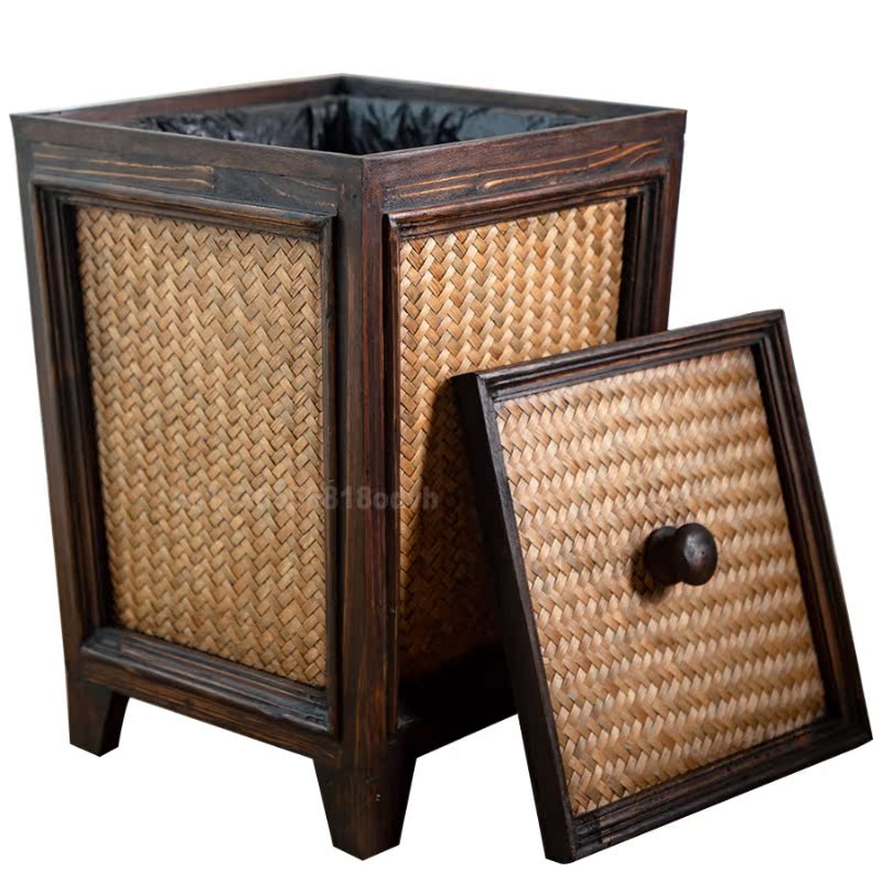 Retro Rattan Wooden Toilet Basket with Lid Living Room