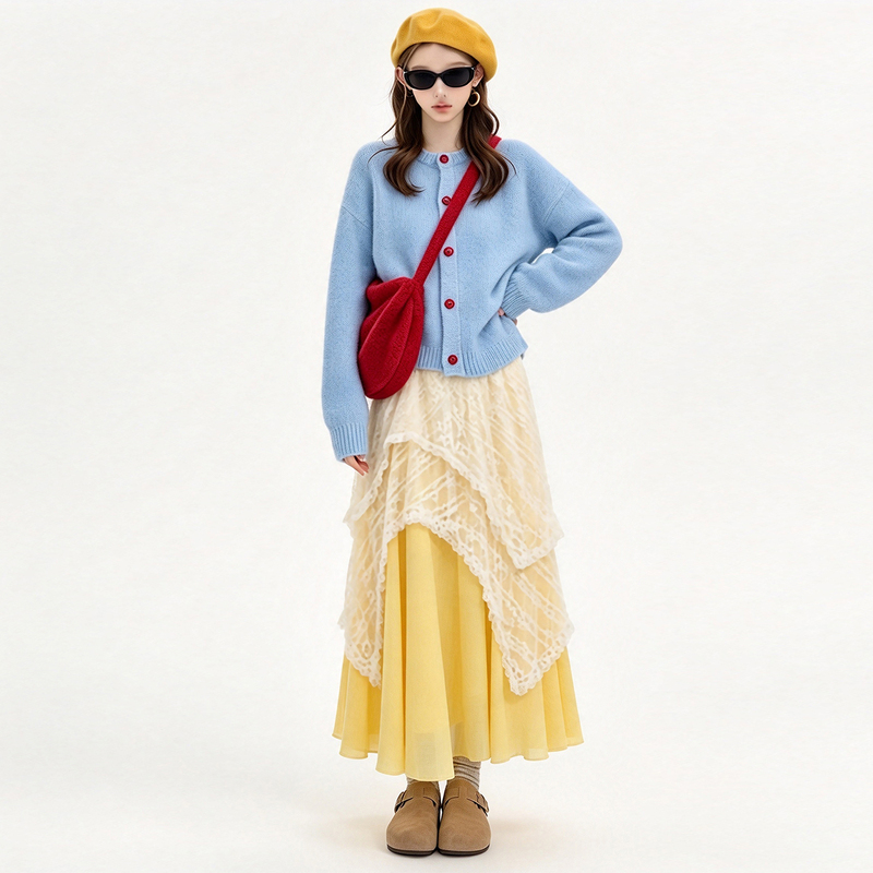 Outfit Set for a Bright Dopamine-Style Trip: Women's Autumn/Winter 2026 New Sweater Cardigan and Yellow Long Dress Outfit Set for a Bright Dopamine-Style Trip: Women's Autumn/Winter 2026 New Sweater Cardigan and Yellow Long Dress