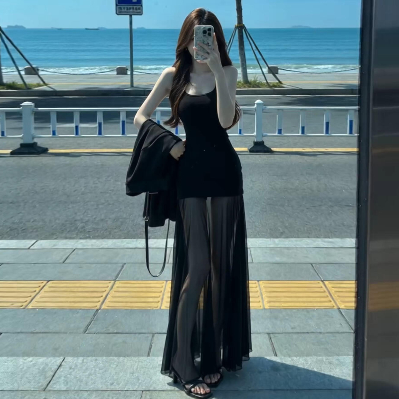 Black Mesh Strap Dress for Seaside Vacation, Women's Summer 2026 New Style, Elegant and High-End Long Dress Black Mesh Strap Dress for Seaside Vacation, Women's Summer 2026 New Style, Elegant and High-End Long Dress