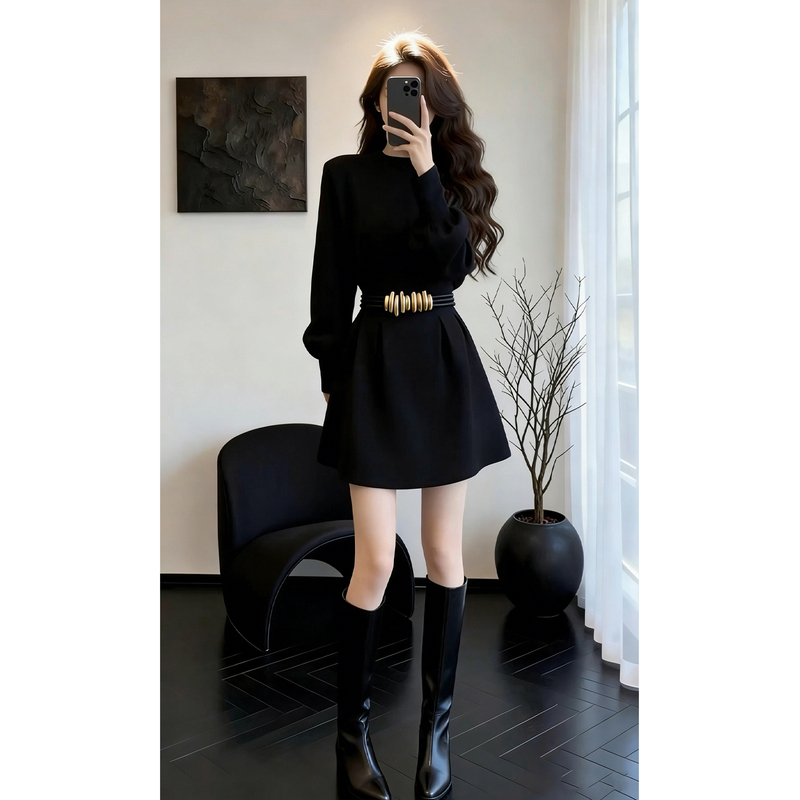 2026 New Style Rich Girl Outfit Black Dress for Women, Especially Beautiful in Autumn and Winter, Waist-Cinching Short Skirt That Makes You Look Slimmer