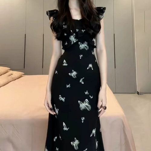 Гаечный ключ, летний черный корсет, длинная юбка, изысканный стиль, французский стиль, цветочный принт, подходит для подростков