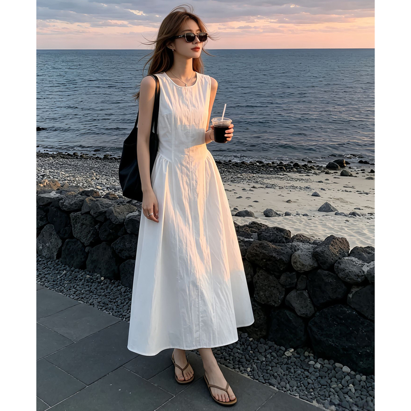 French-Style White Sleeveless Vest Dress for Women, Summer 2026 New Model, High-End Long Dress for Seaside Vacation