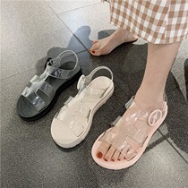 Japanese Fashion Nets Red Ins Damp Girls Hearts Cute Transparent Sandals Schoolgirls Transparent Flat Base Roman Shoes Summer