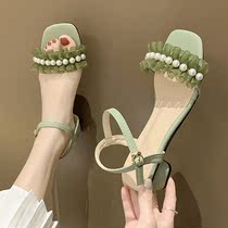 Japanese Nets Red Pearl Sandals Women 2022 new 100 hitch Summer Toes Individuality Fashion Lace Coarse heel Rome Shoe