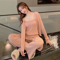 Italian autumn and winter pajamas women's three-piece set of 21 years padded warm scher velvet sexy knitted pure home clothing