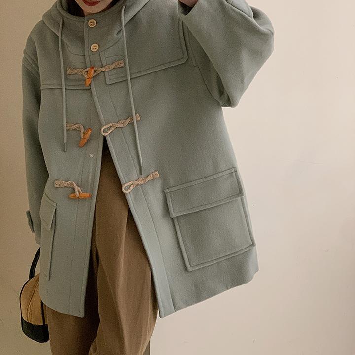 Classmate-Style All-Wool Stitched Hooded College-Style Short Coat Oversize 014